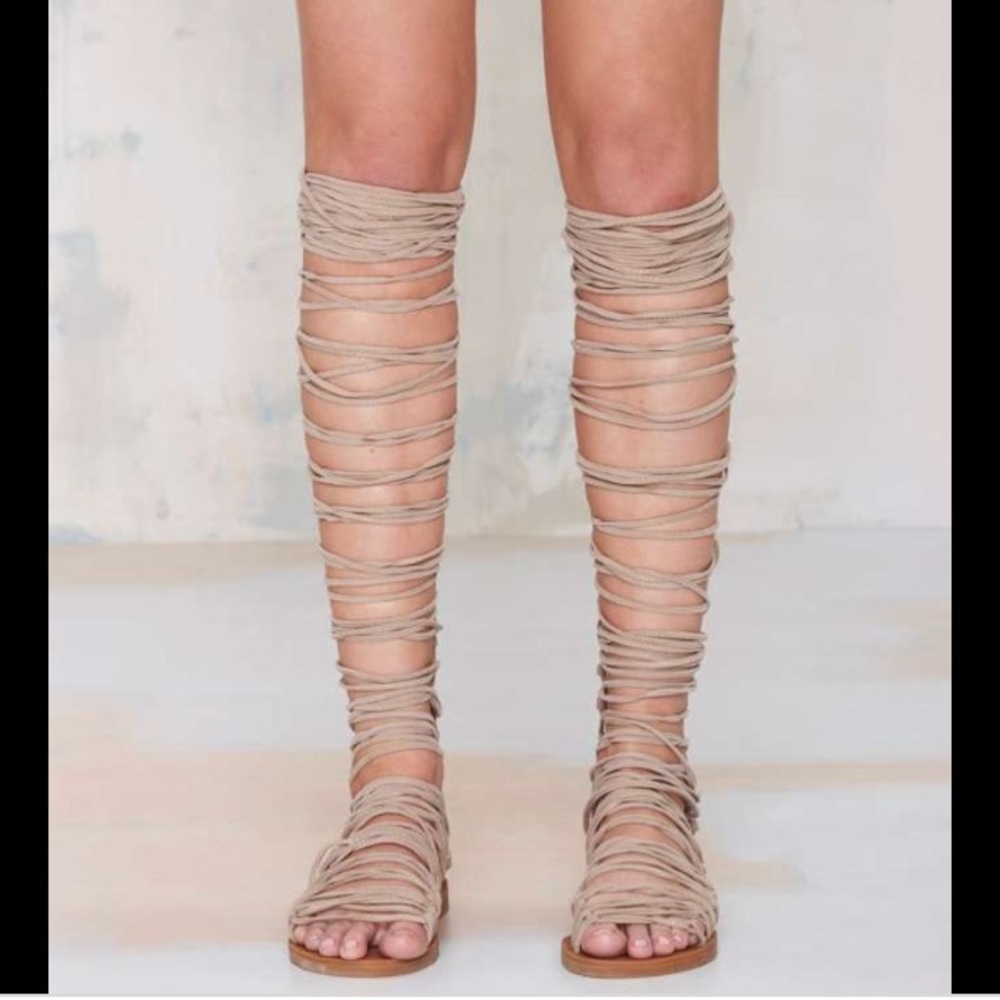 JEFFREY CAMPBELL Beige Gladiator Sandal Zip Up Lace Strap Knee High Boho Hippy